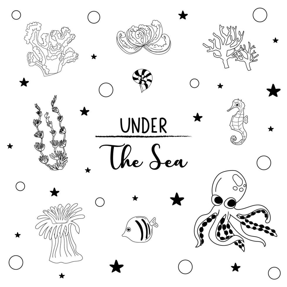 Under the Sea Marine Life Coloring Page. vector