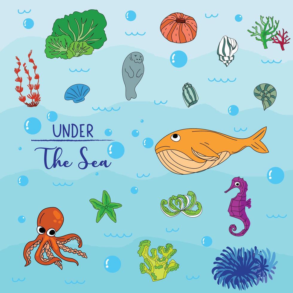 Bright and colorful illustration of various marine creatures. vector