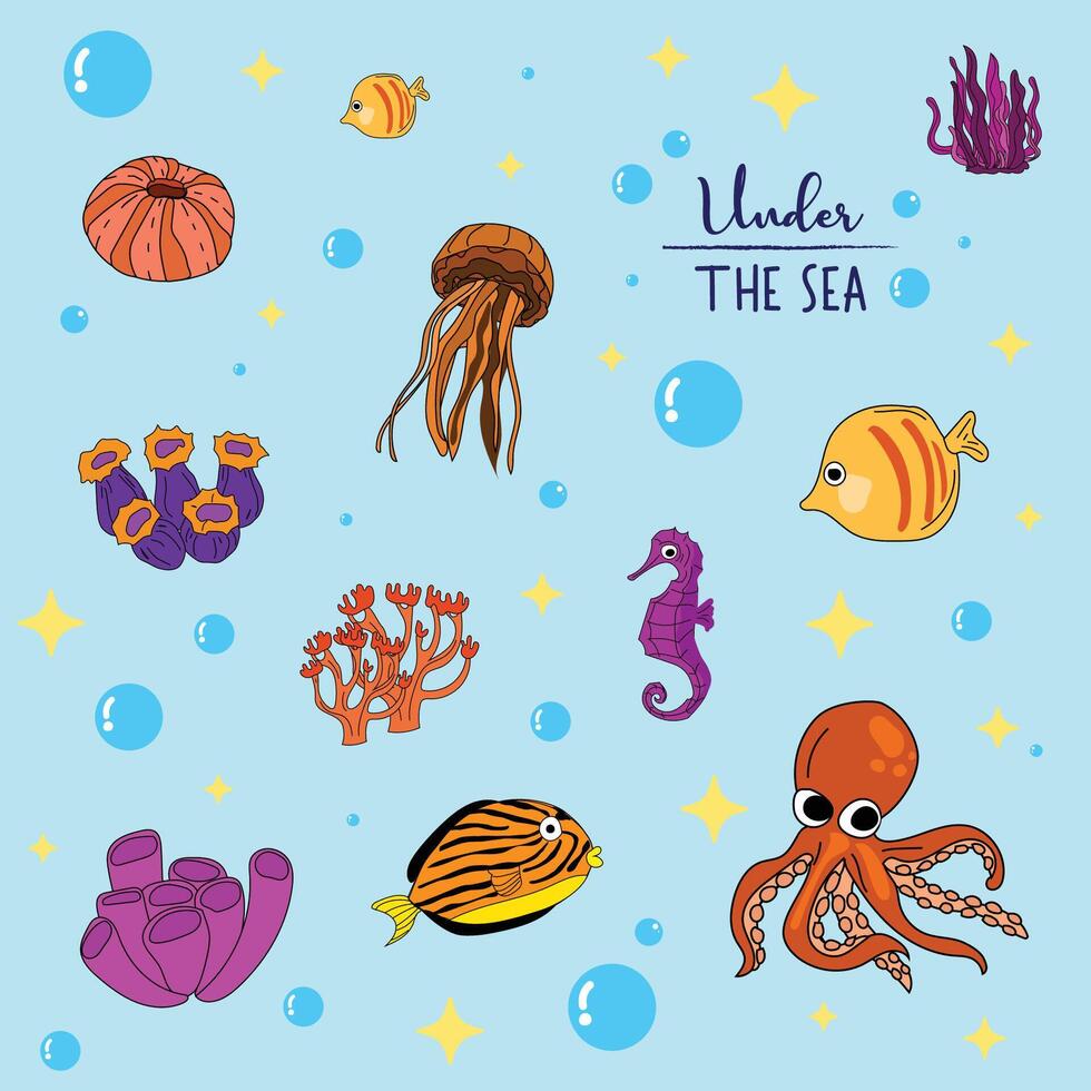 Bright and colorful illustration of various marine creatures. vector