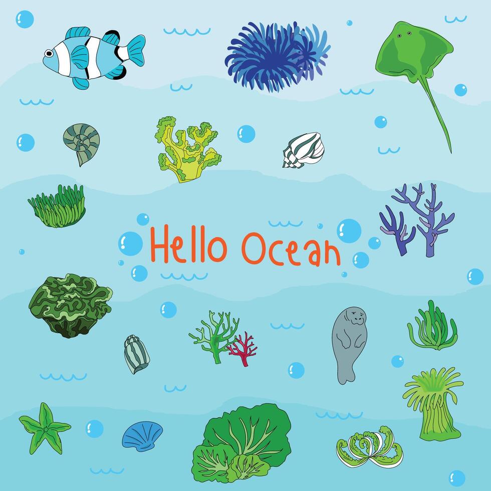 Bright and colorful illustration of various marine creatures. vector