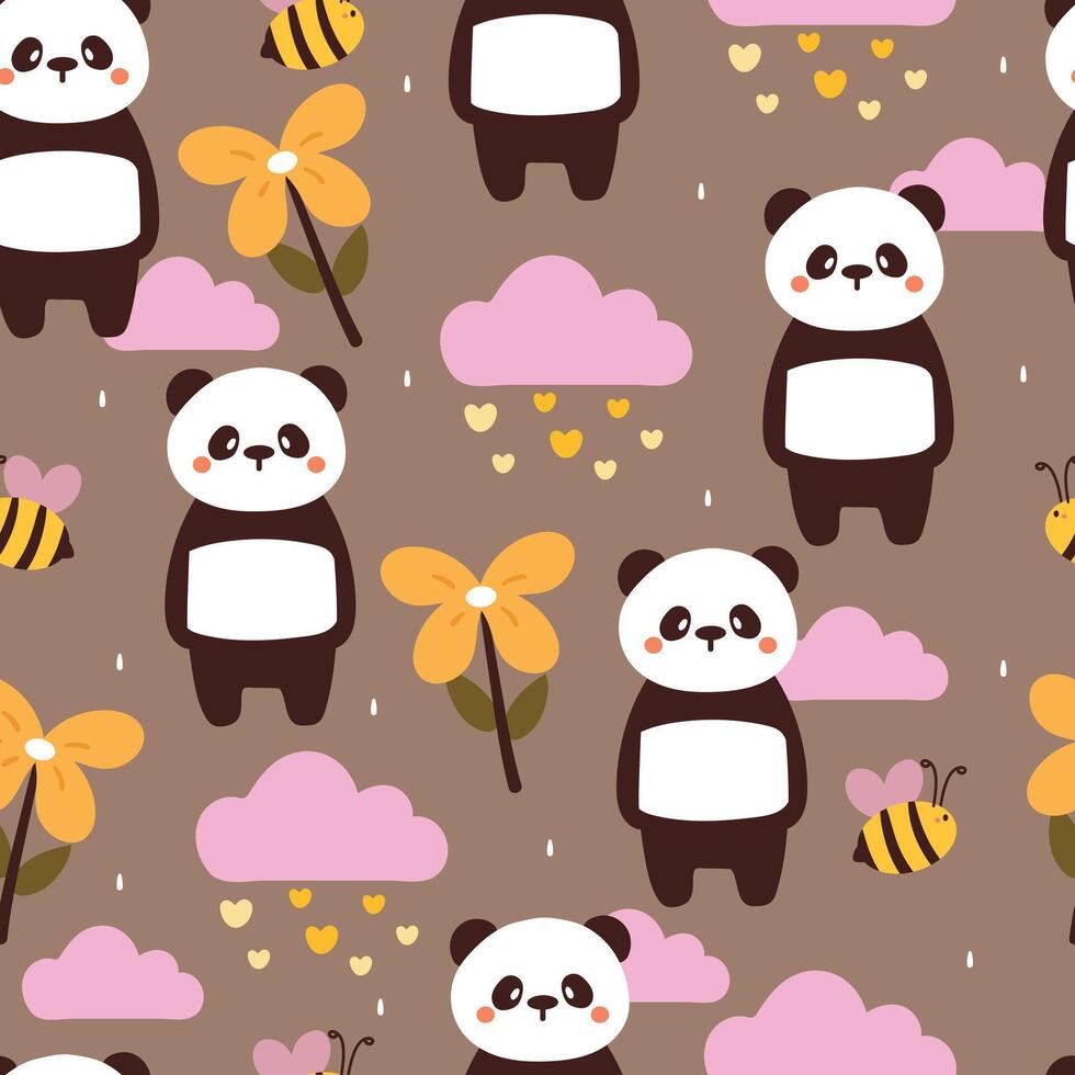 seamless pattern cartoon panda with bee and sky element. cute animal wallpaper for textile, gift wrap paper vector