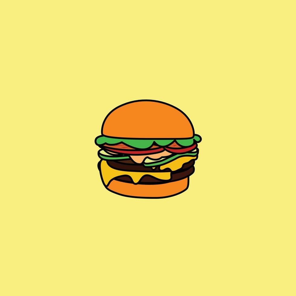 Burger logo design template with lots of very delicious fillings on a yellow background vector