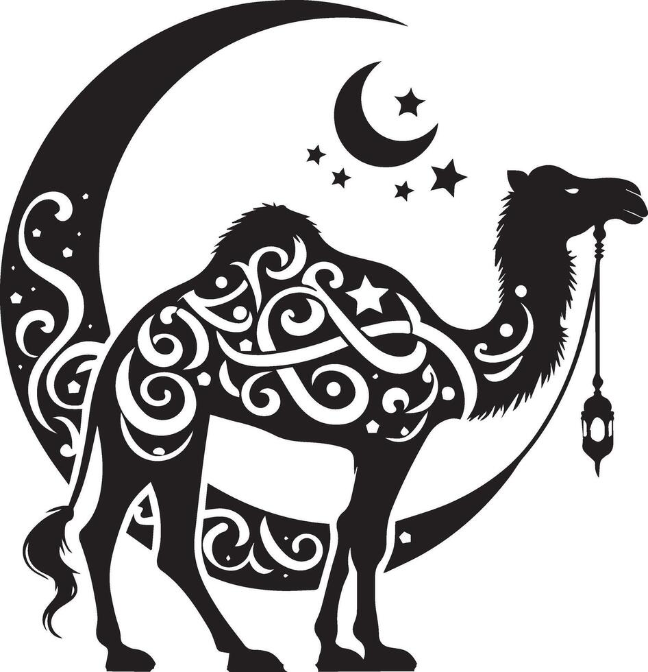 a black and white silhouette of a camel with a star and moon vector