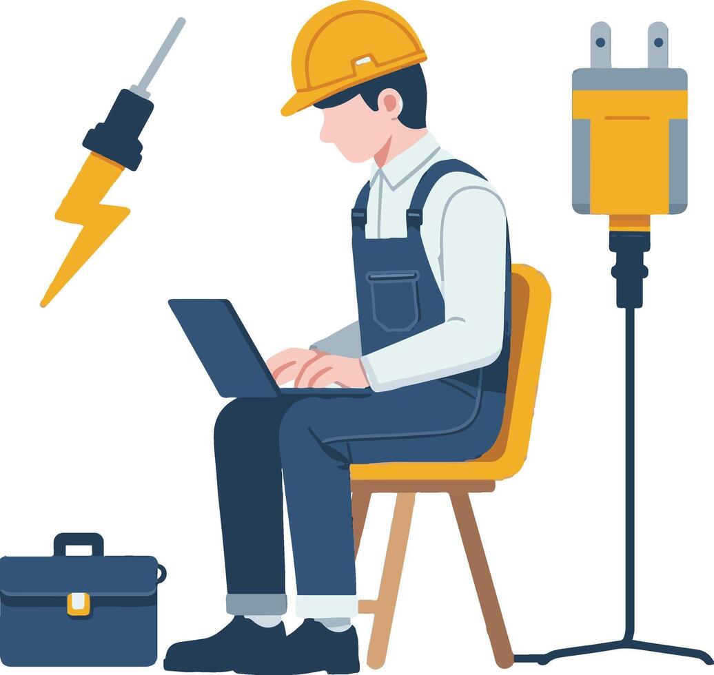 a man in a hard hat and overalls is working on a laptop labour day vector