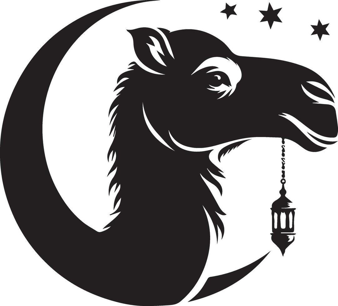 a black and white silhouette of a camel with a star and moon vector