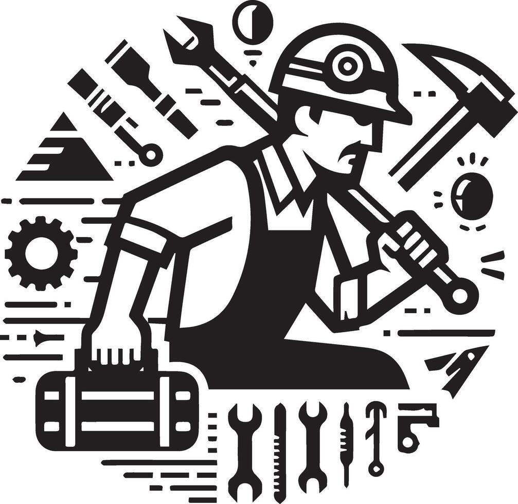 a man in a hard hat and overalls is working on a laptop labour day vector