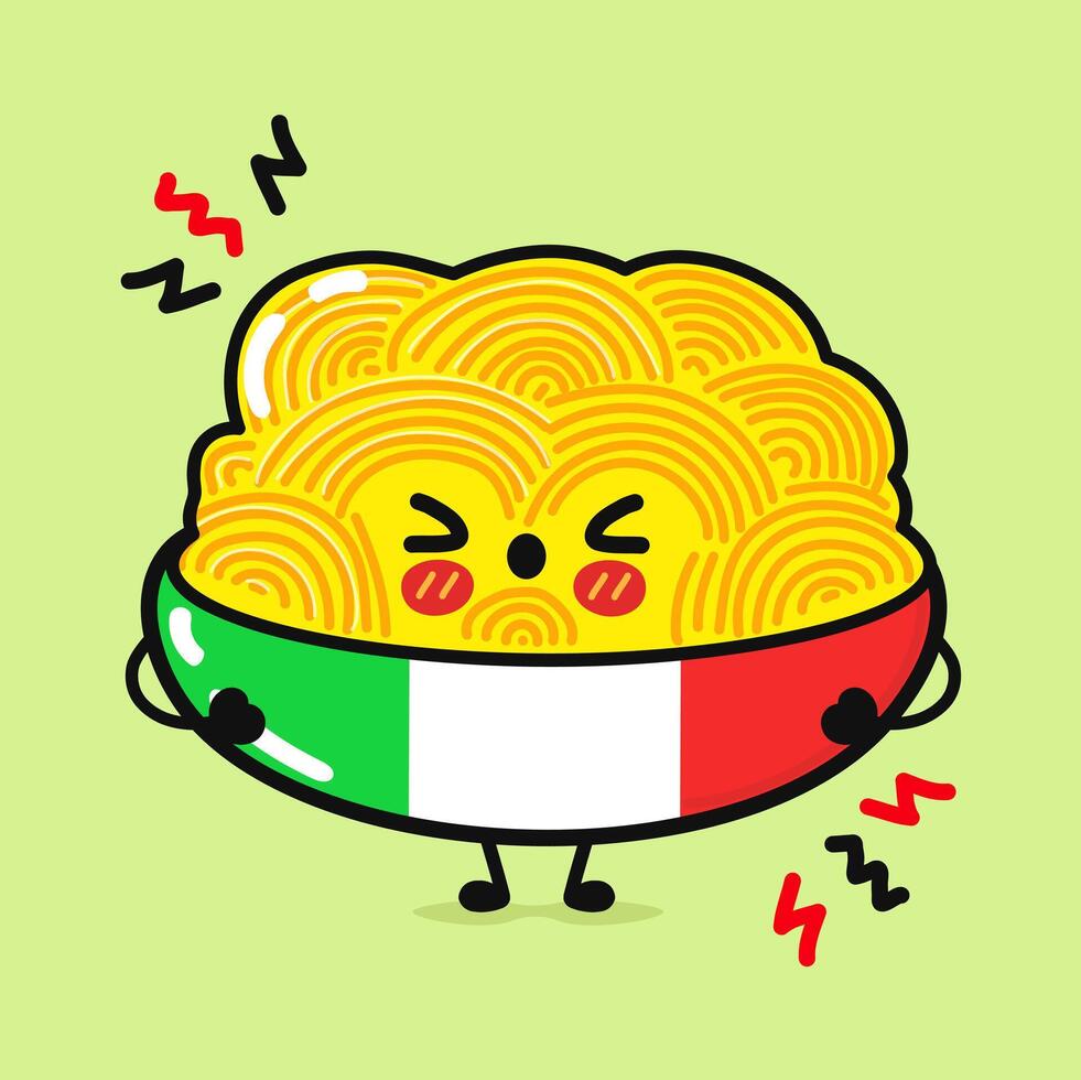 Angry Spaghetti character. Hand drawn cartoon kawaii character illustration icon. Isolated on green background. Sad plate of Spaghetti character concept vector