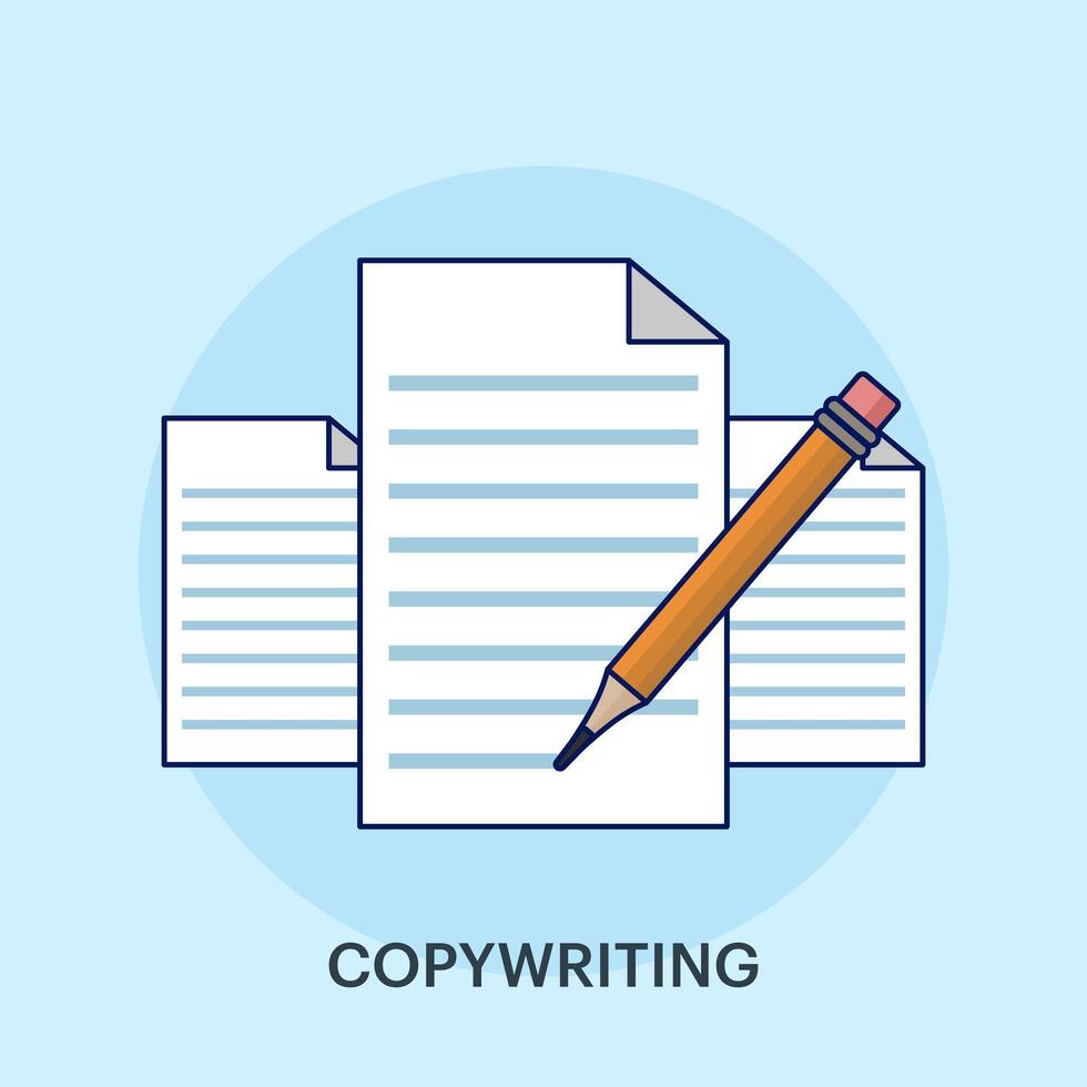 Copy writing concept, text file editing, flat document icon, Writing online text content on laptop computer or creating essay documents or books on pc, copying documents for graphic and web design. vector