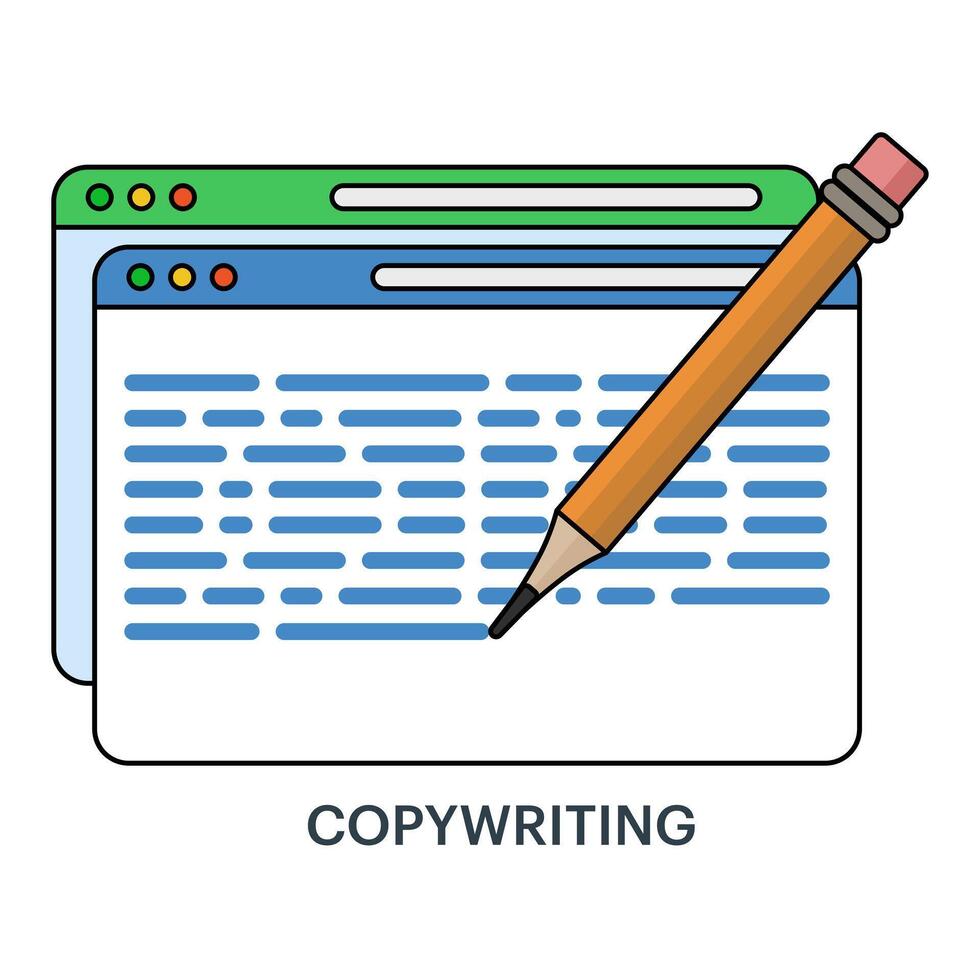 Copy writing concept, text file editing, flat document icon, Writing online text content on laptop computer or creating essay documents or books on pc, copying documents for graphic and web design. vector