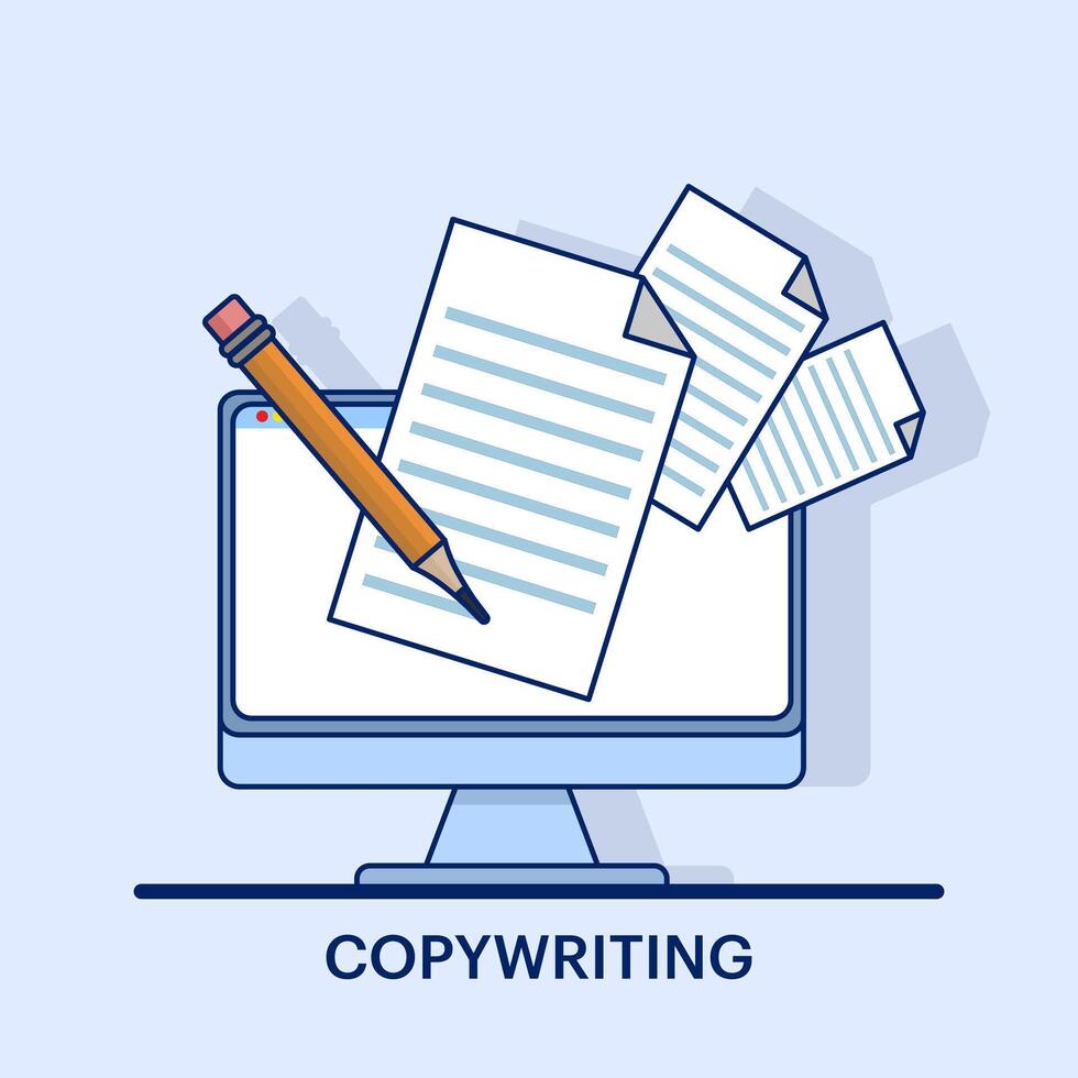 Copy writing concept, text file editing, flat document icon, Writing online text content on laptop computer or creating essay documents or books on pc, copying documents for graphic and web design. vector