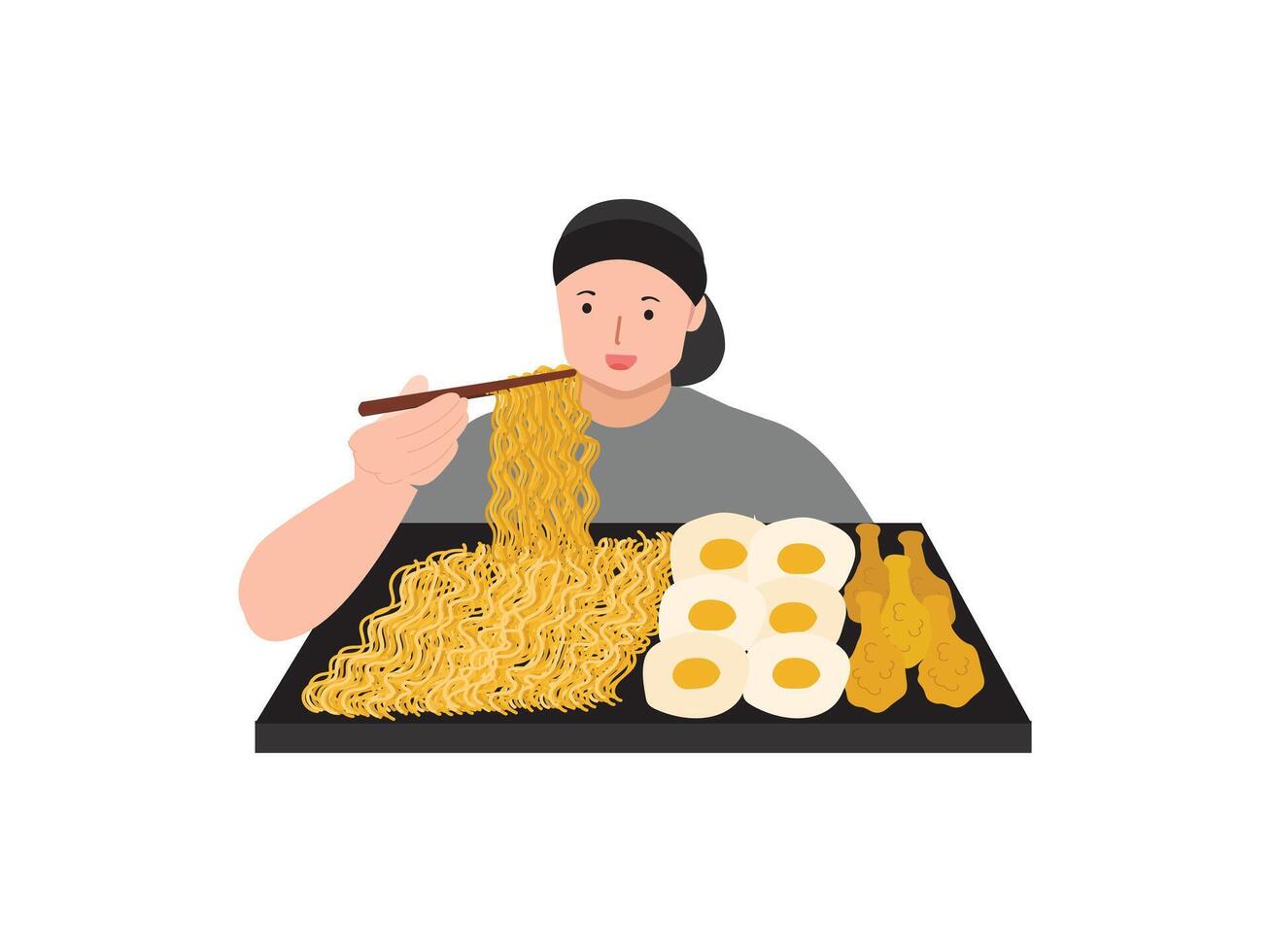 Mukbang Activity Eating Large Portions of Noodles vector