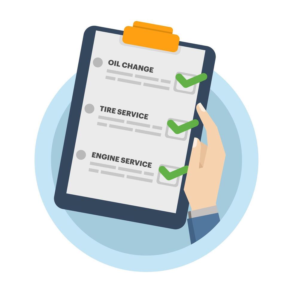 Car maintenance checklist icon concept, monthly routine maintenance on car vehicle, icon car inspection check service, or automotive vehicle diagnostic repair review, flat illustration. vector