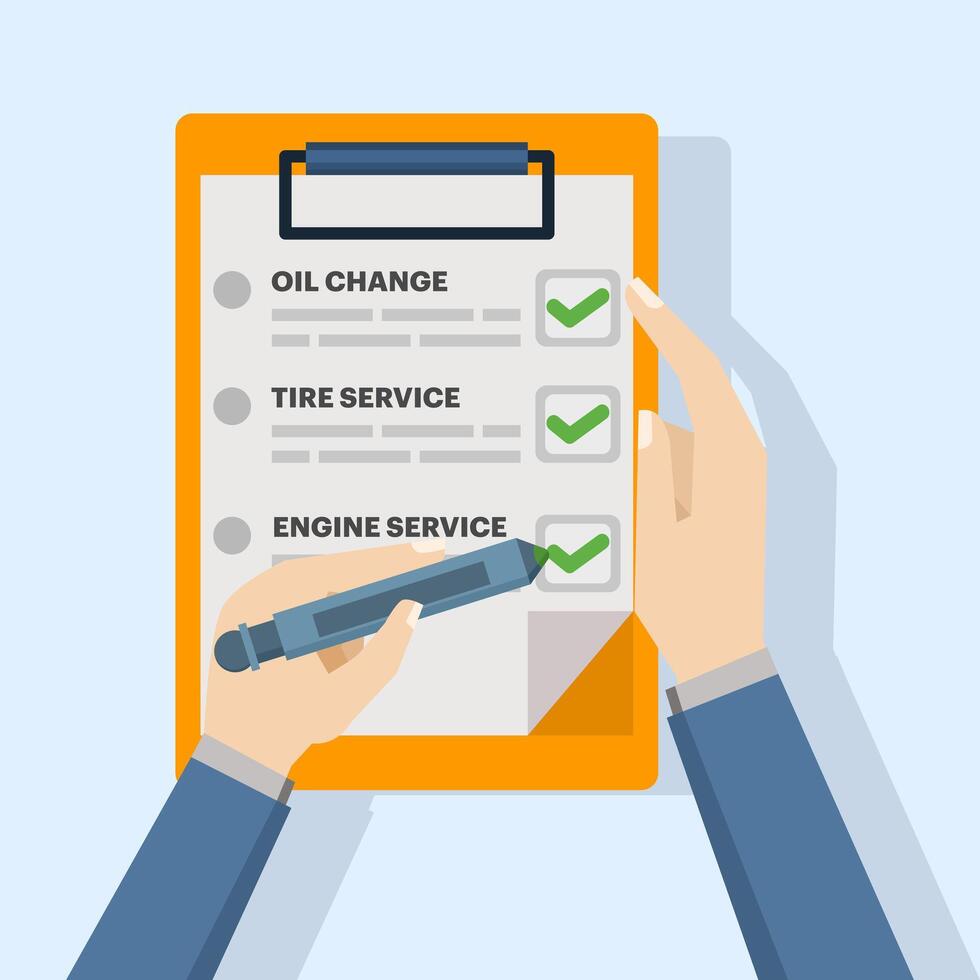 Car maintenance checklist icon concept, monthly routine maintenance on car vehicle, icon car inspection check service, or automotive vehicle diagnostic repair review, flat illustration. vector