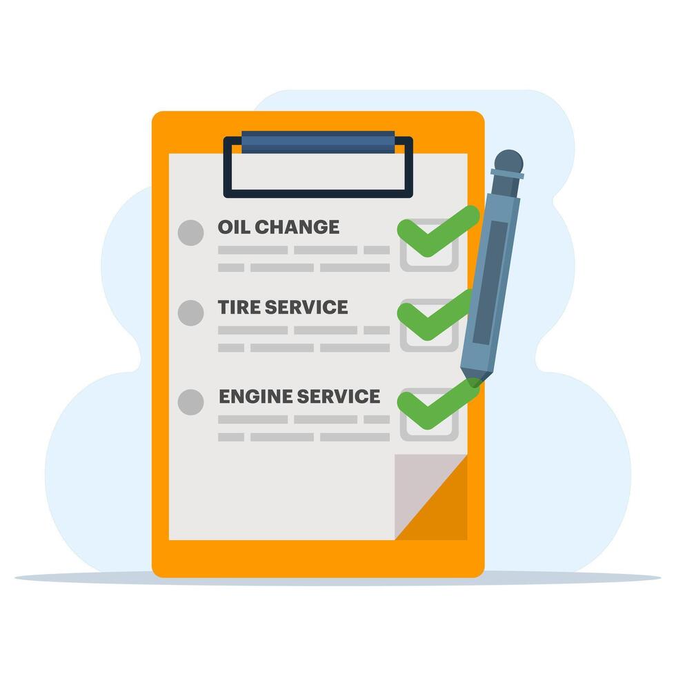 Car maintenance checklist icon concept, monthly routine maintenance on car vehicle, icon car inspection check service, or automotive vehicle diagnostic repair review, flat illustration. vector