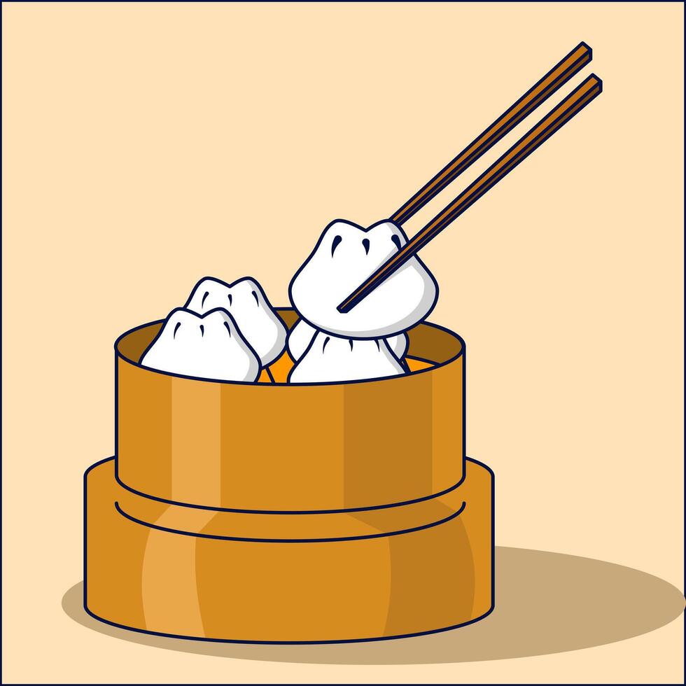 Dim Sum Icon Concept With Cartoon Chopsticks. Asian food. Cute cartoon dim sum in wooden box with chopsticks. traditional Chinese dumplings. Flat Cartoon Style Food Object Icon Concept. vector