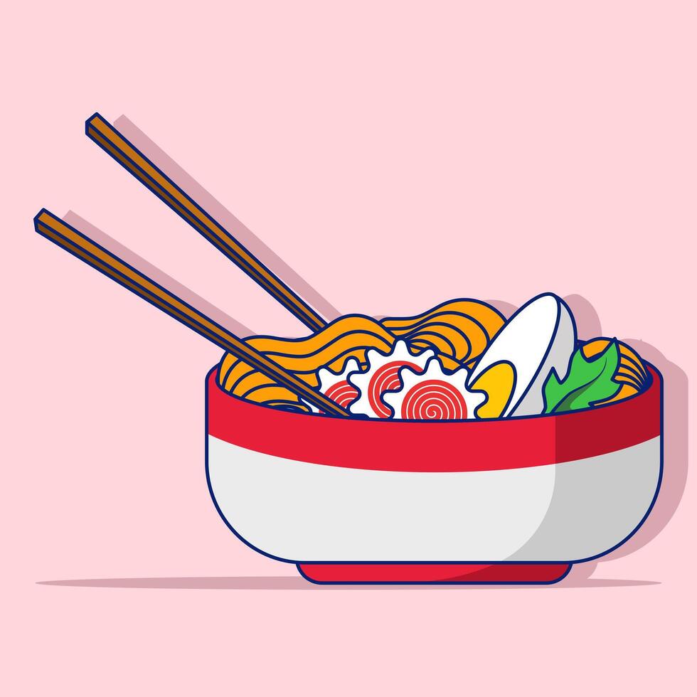 Ramen Noodles Concept With Floating Cartoon Chopsticks. illustration of Noodles, ramen, spaghetti, pasta hand drawn , Isolated Premium Food Object Icon Concept. Flat Cartoon Style. vector