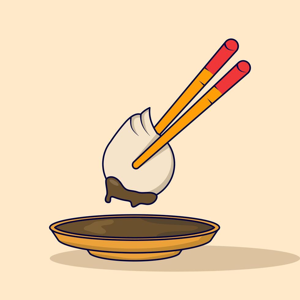 Dim Sum Icon Concept With Cartoon Chopsticks. Asian food. Cute cartoon dim sum in wooden box with chopsticks. traditional Chinese dumplings. Flat Cartoon Style Food Object Icon Concept. vector