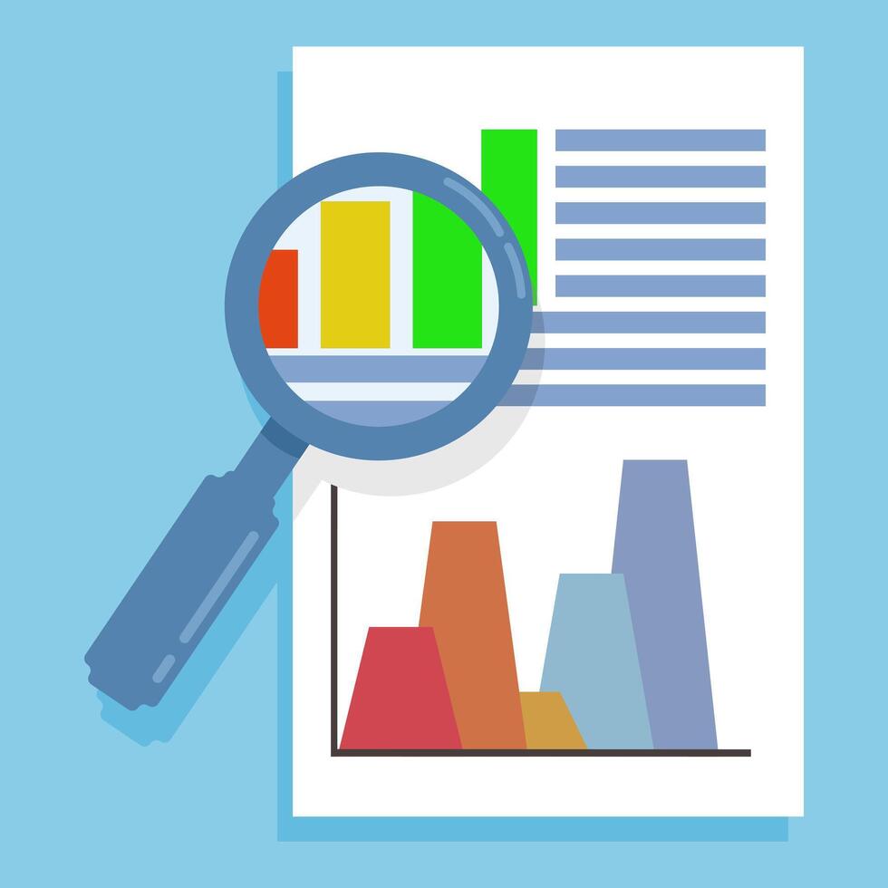 Tax research Audit concept or list of paper pages through magnifying glass flat cartoon, tax payment. Analysis of data, documents, financial research reports and calculations. Debt payments. vector