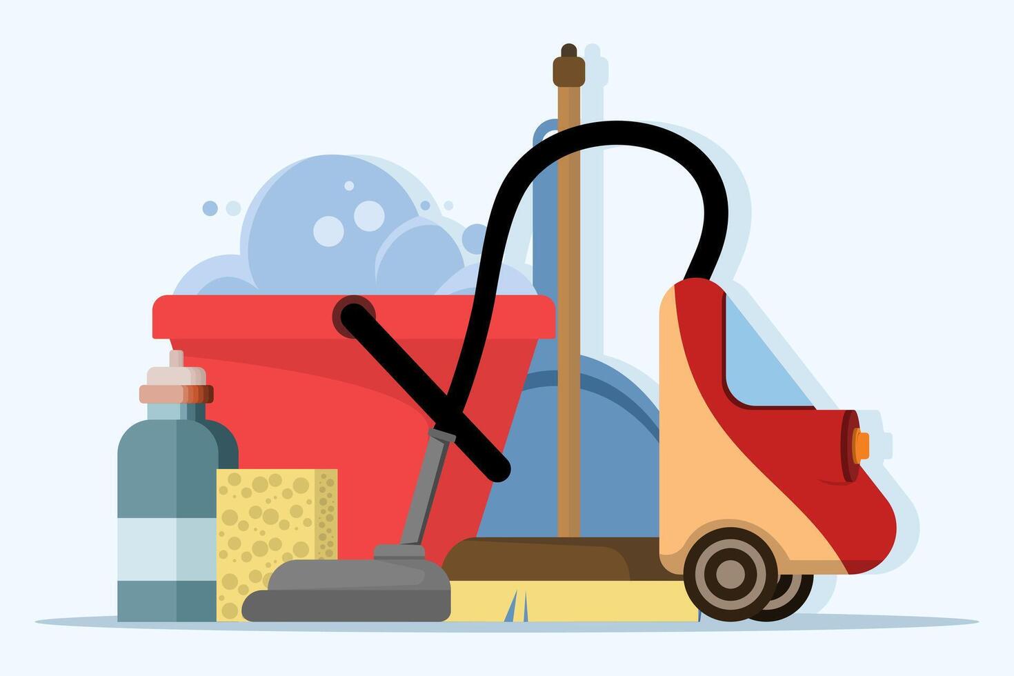 Concept of Tools for cleaning and housework. Vacuum cleaner, floor sweeping brush, dustpan, bucket filled with water and soap suds. Cute flat style illustration. vector