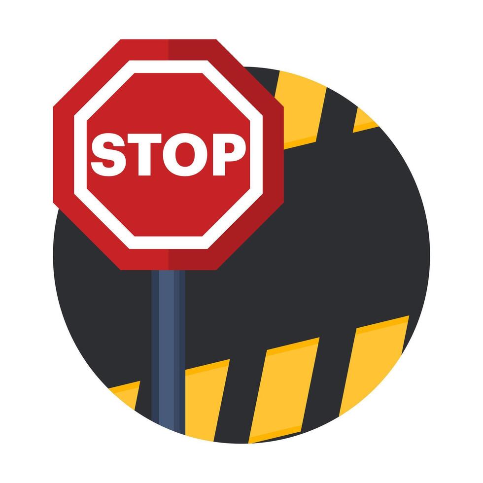 Barrier concept with stop sign, Protective road barrier with yellow lines to block the road. road stop sign and road guardrail, flat illustration on background. vector