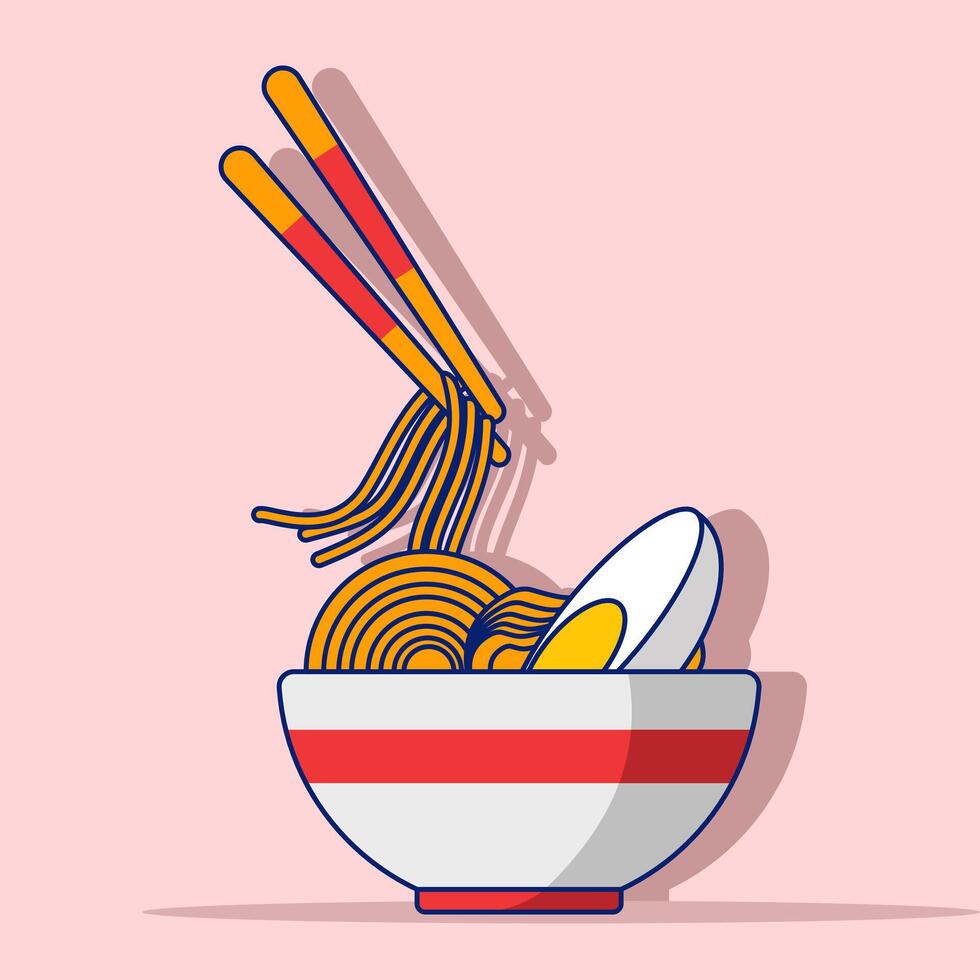 Ramen Noodles Concept With Floating Cartoon Chopsticks. illustration of Noodles, ramen, spaghetti, pasta hand drawn , Isolated Premium Food Object Icon Concept. Flat Cartoon Style. vector