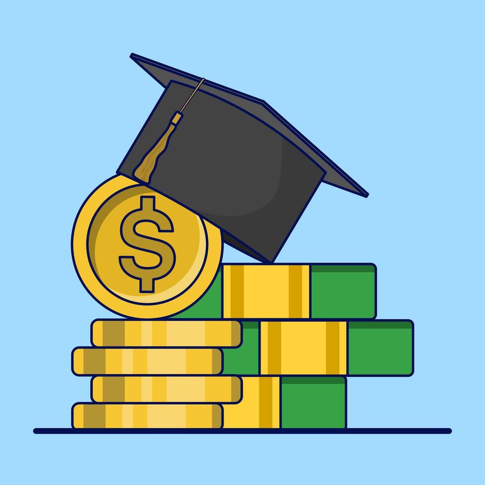 Concept of education costs, tuition fees or scholarships, education cost allocation, money for university or graduation, college diploma, dollar coin with graduation cap and mortarboard certificate. vector