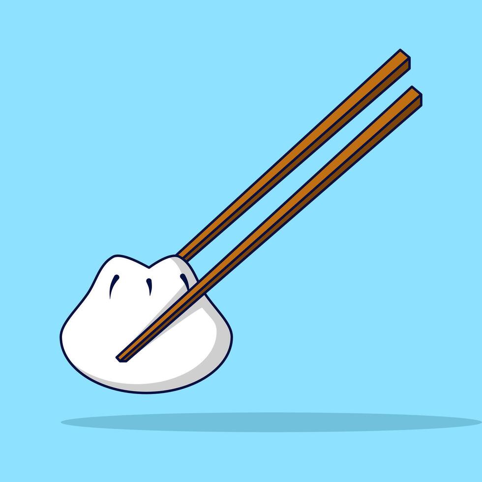 Dim Sum Icon Concept With Cartoon Chopsticks. Asian food. Cute cartoon dim sum in wooden box with chopsticks. traditional Chinese dumplings. Flat Cartoon Style Food Object Icon Concept. vector