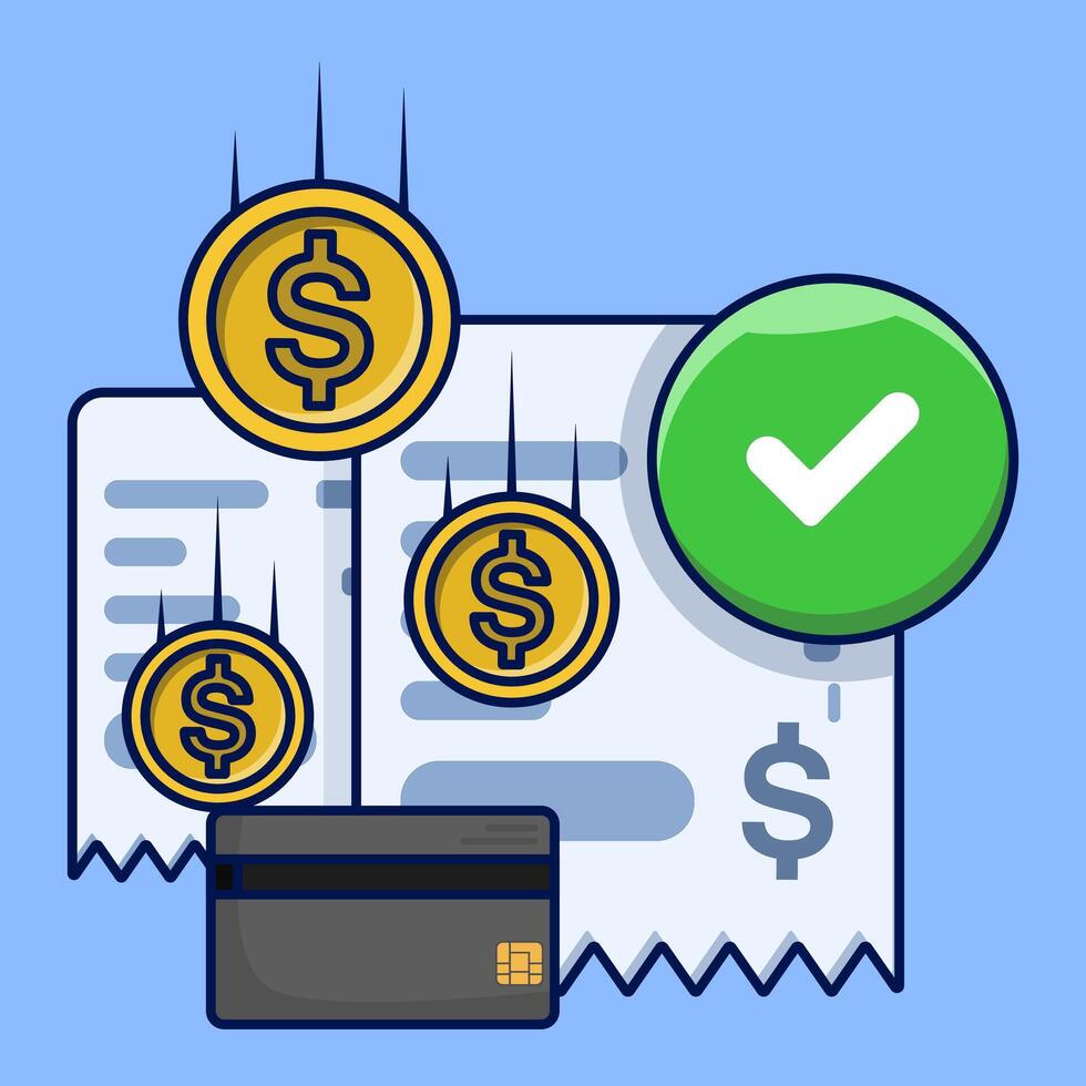 Successful payment concept. Payment transaction approved successful notification check mark on invoice receipt via debit card, money transfer completed vector