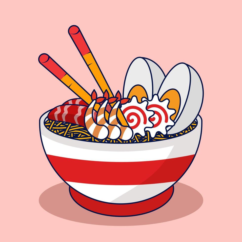 Ramen Noodles Concept With Floating Cartoon Chopsticks. illustration of Noodles, ramen, spaghetti, pasta hand drawn , Isolated Premium Food Object Icon Concept. Flat Cartoon Style. vector