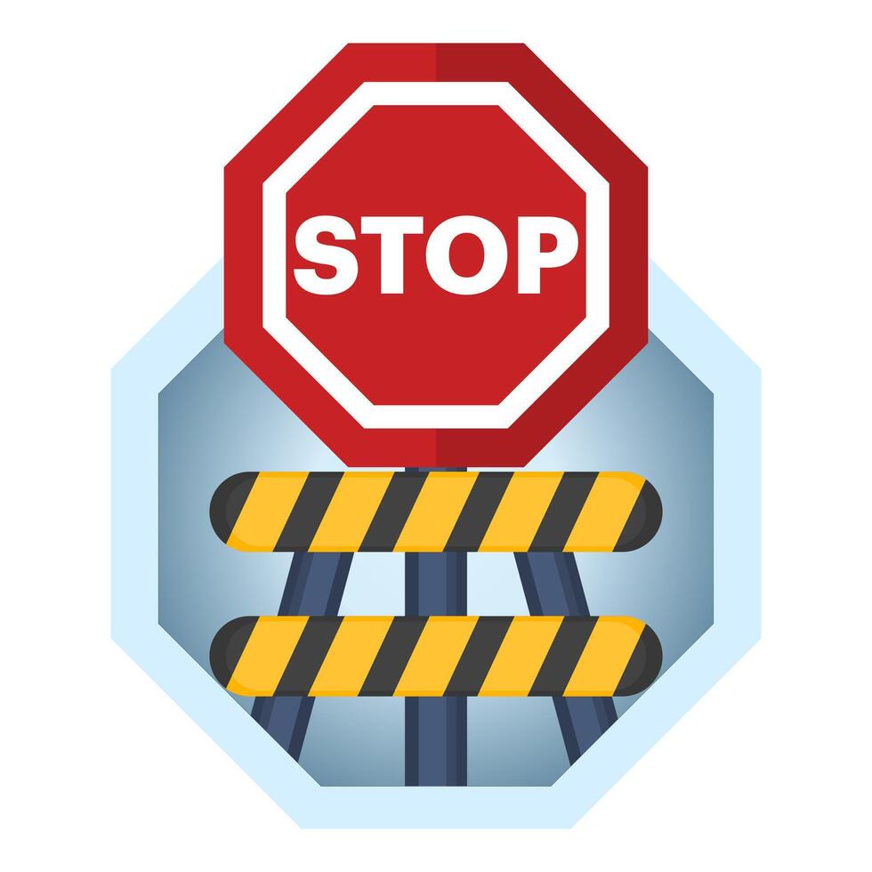 Barrier concept with stop sign, Protective road barrier with yellow lines to block the road. road stop sign and road guardrail, flat illustration on background. vector