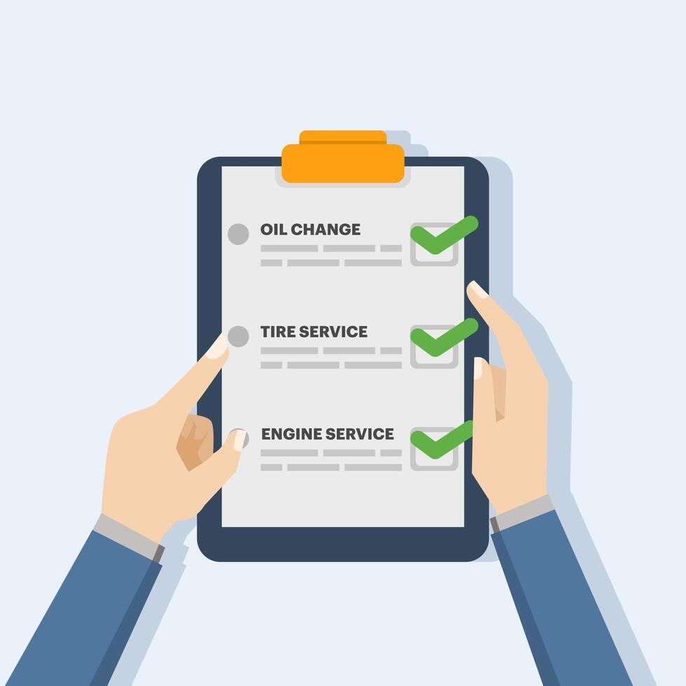 Car maintenance checklist icon concept, monthly routine maintenance on car vehicle, icon car inspection check service, or automotive vehicle diagnostic repair review, flat illustration. vector