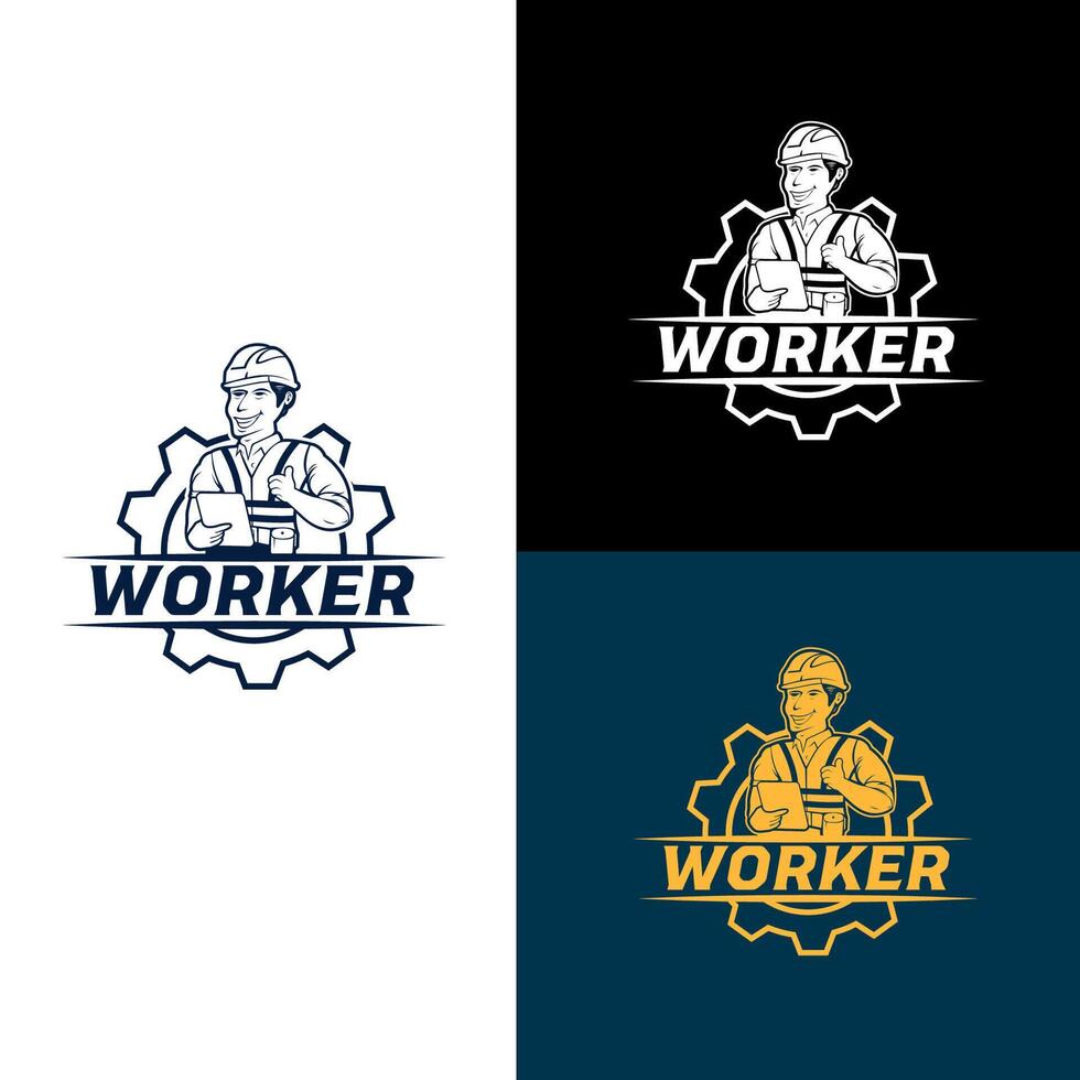 Smiling construction worker logo design holding a clipboard and giving a thumbs up vector