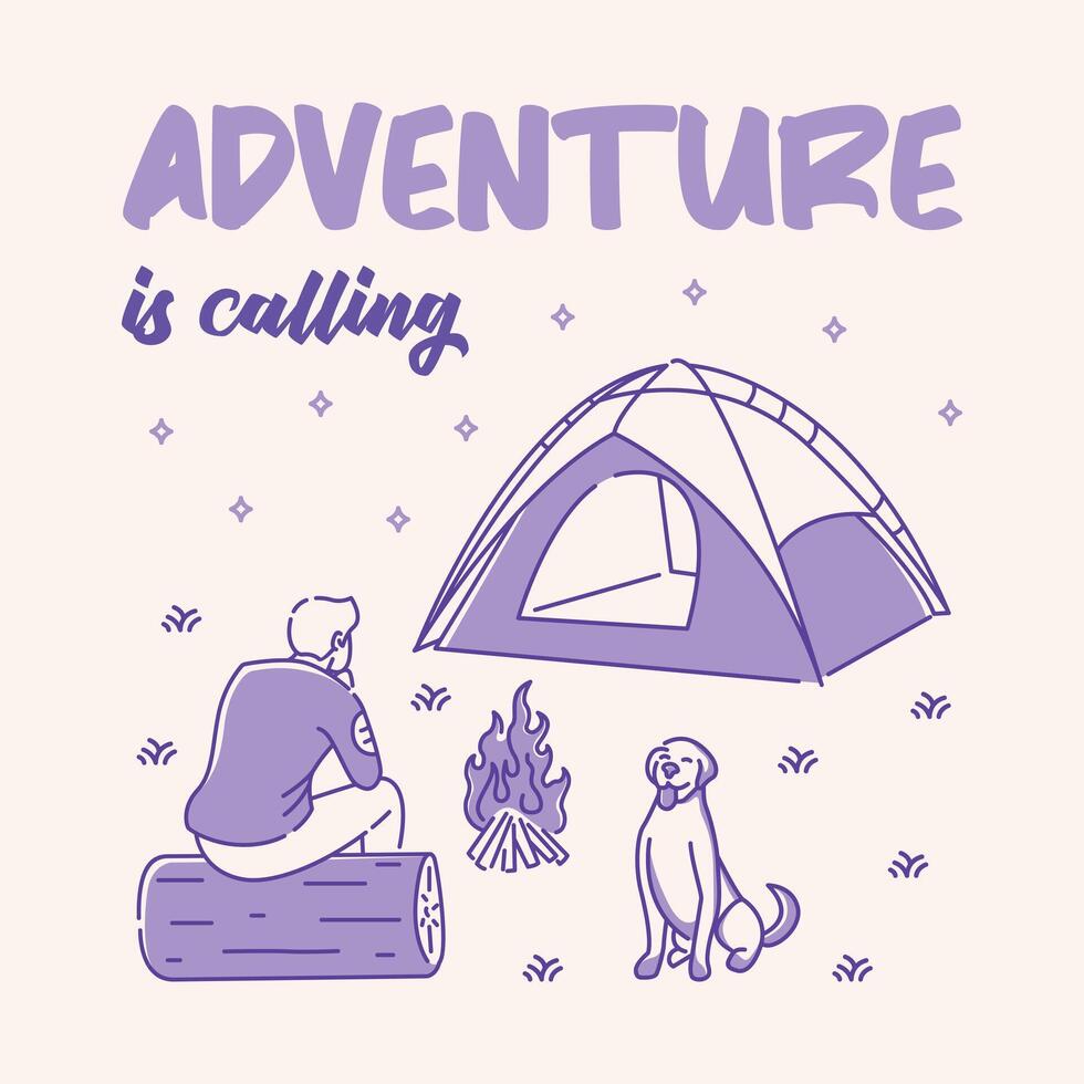 Camper Camping with His Dog Beside The Campfire in the Nature vector