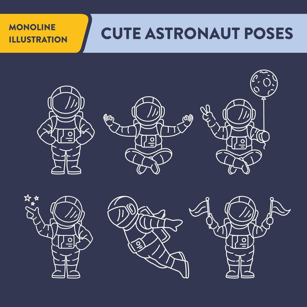 Cute Astronaut in Outer Space Poses Monoline Illustration vector