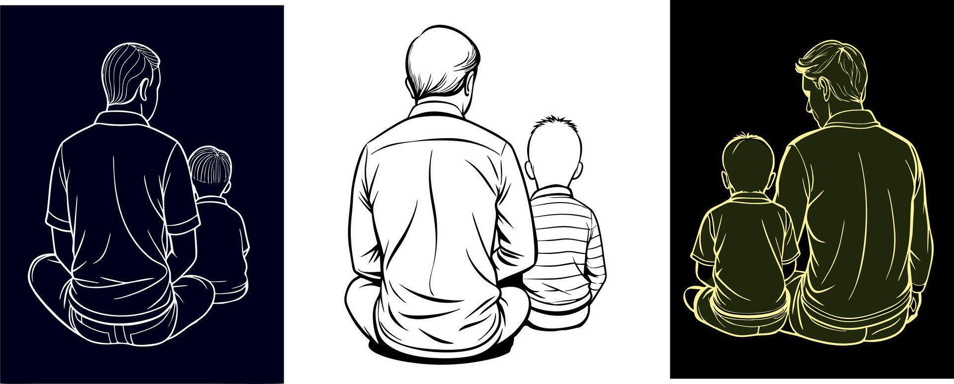 Silhouette illustrations of a father and son sitting together from the back view. Different styles on black, white, and dark backgrounds. Perfect for Father's Day themes vector