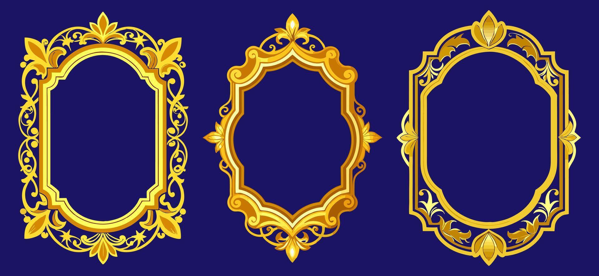 Elegant set of three ornate golden frames with intricate designs on a dark blue background. Perfect for invitations, certificates, and decorative purposes vector