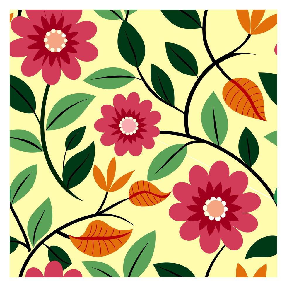 Bright floral seamless pattern with pink flowers, green leaves, and orange accents on a light yellow background. Ideal for fabric design, wallpaper, and wrapping paper vector