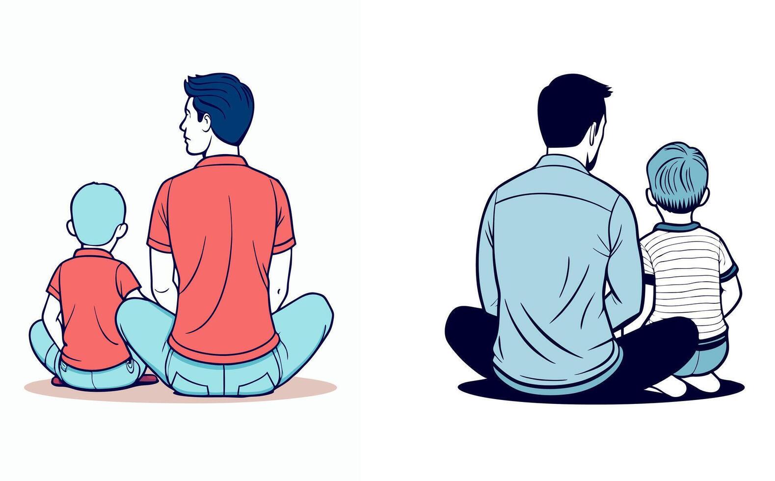 Silhouette illustrations of a father and son sitting together from the back view. Different styles on black, white, and dark backgrounds. Perfect for Father's Day themes vector
