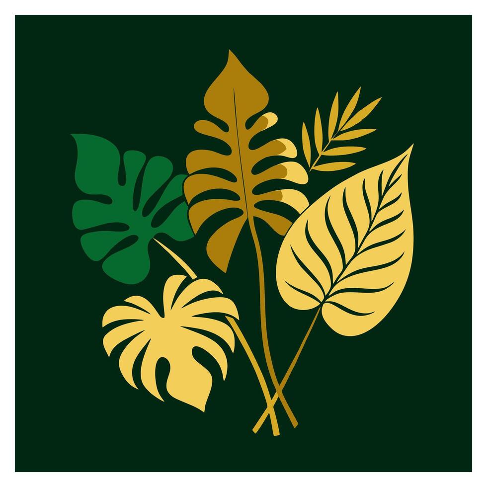 illustration of tropical leaves in green, yellow, and gold shades on a dark green background. Perfect for nature-themed designs and tropical decor vector