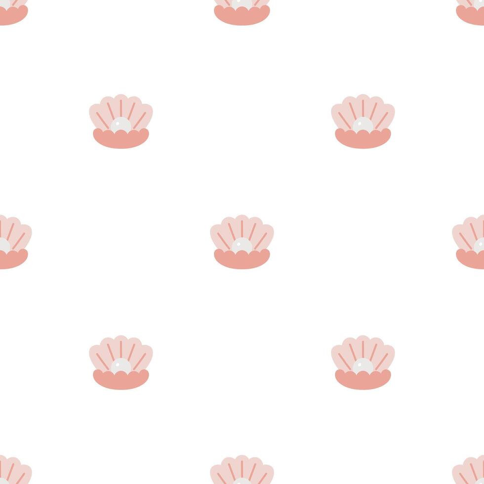 Seamless pattern with seashell with pearl. Sea background. For for kids design, fabric, wrapping, cards, textile, wallpaper, apparel. Isolated cartoon illustration on white background. vector