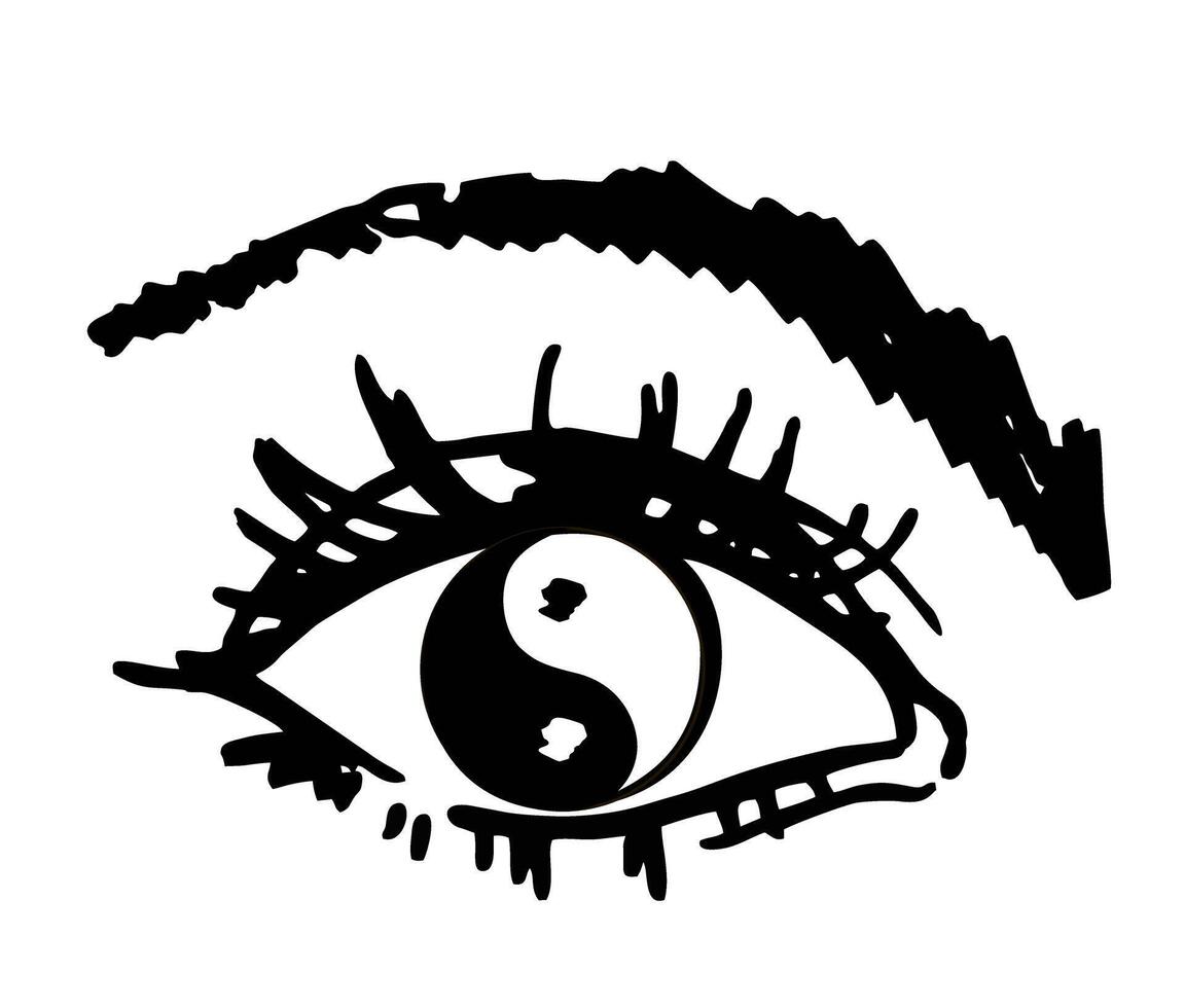 Yin yang eye logo. Yin yang symbol with yang in the shape of an eyeball. Black and white illustration sketch vector