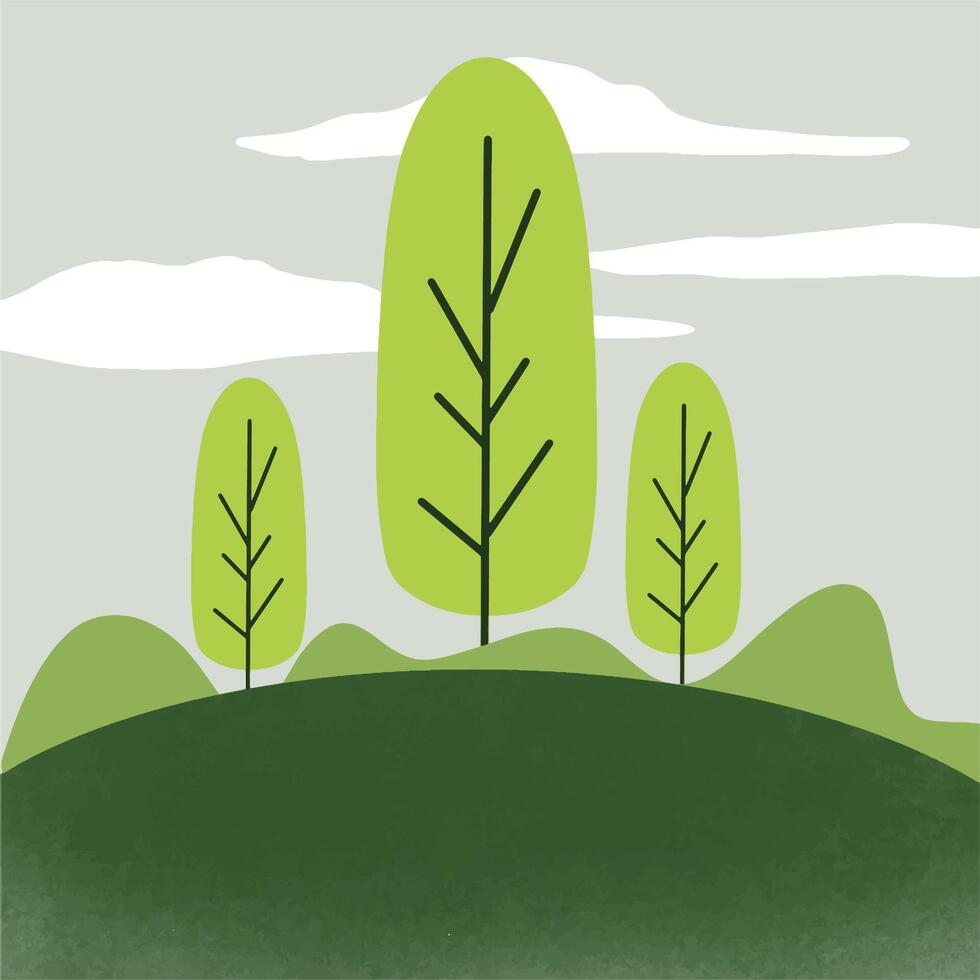 hills and sunny trees walpaper with bushes vector