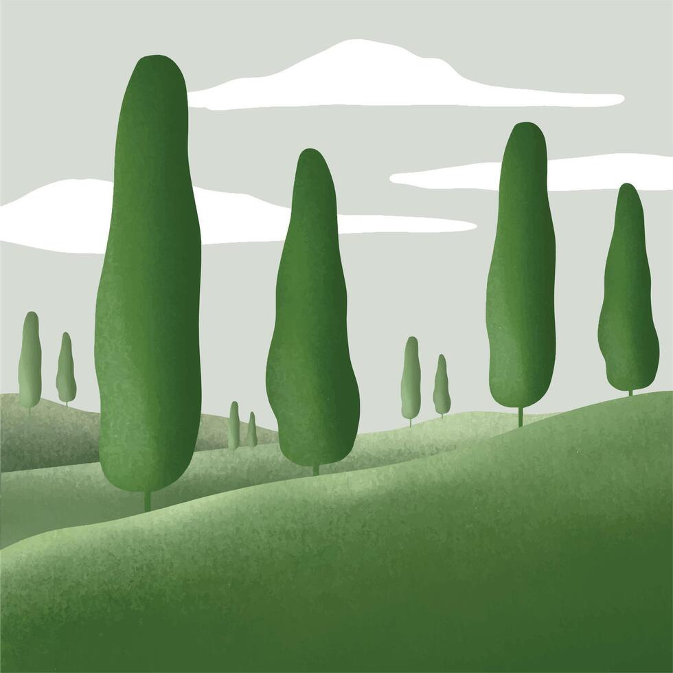 hills and sunny trees walpaper with bushes vector