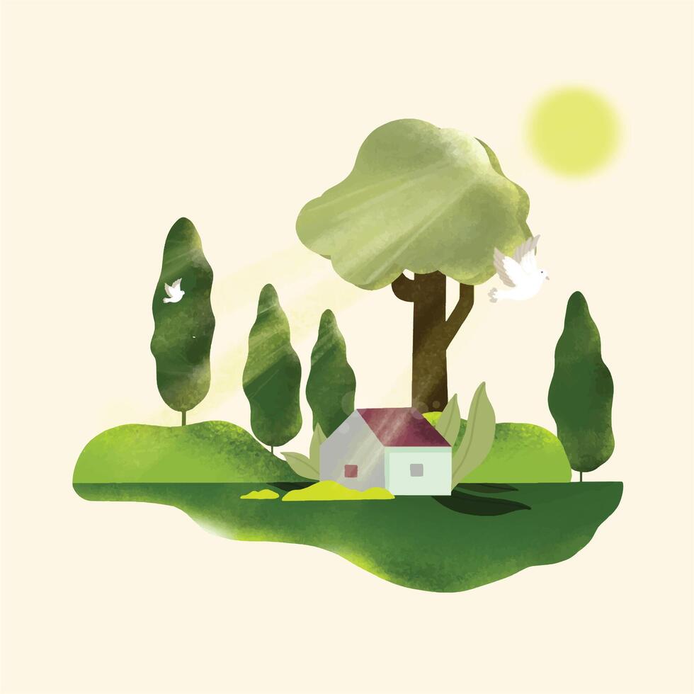 hills and sunny trees walpaper with bushes vector