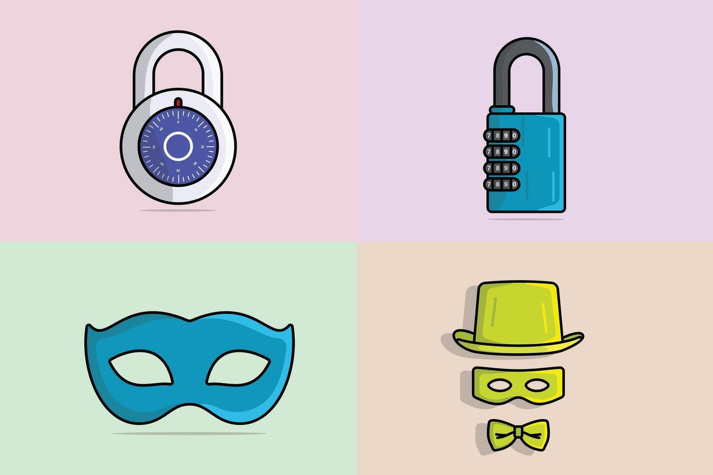 Set of Padlock For Password Secure with Masks illustration. Technology and safety objects icon concept. Symbol protection and security. vector