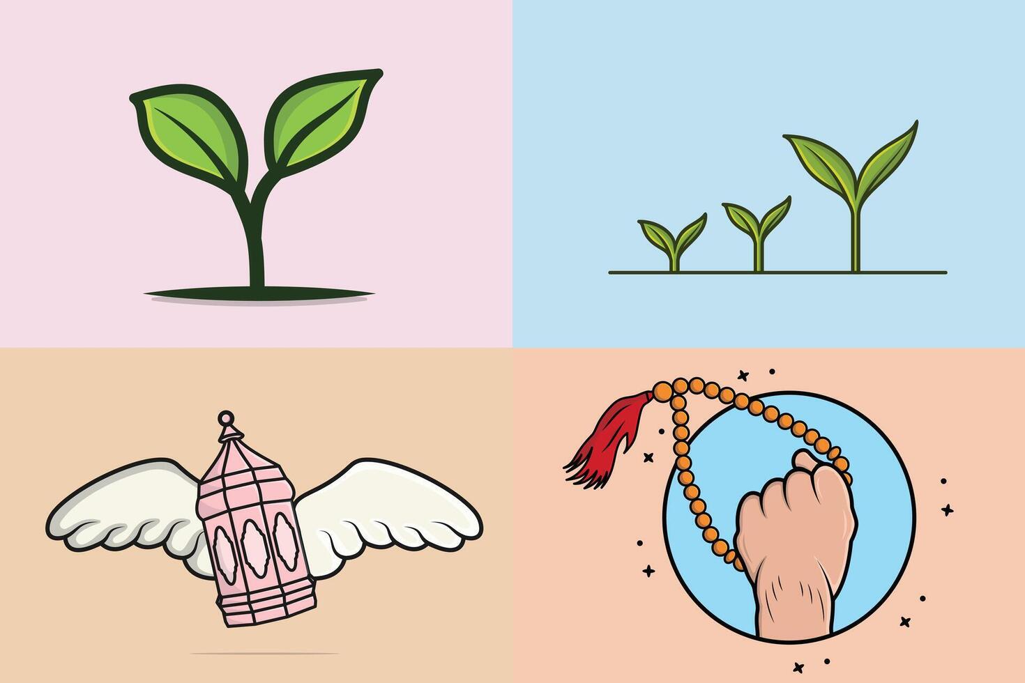Set of Leaves, Ramadan lamp with hand illustration. Religious day concept. vector