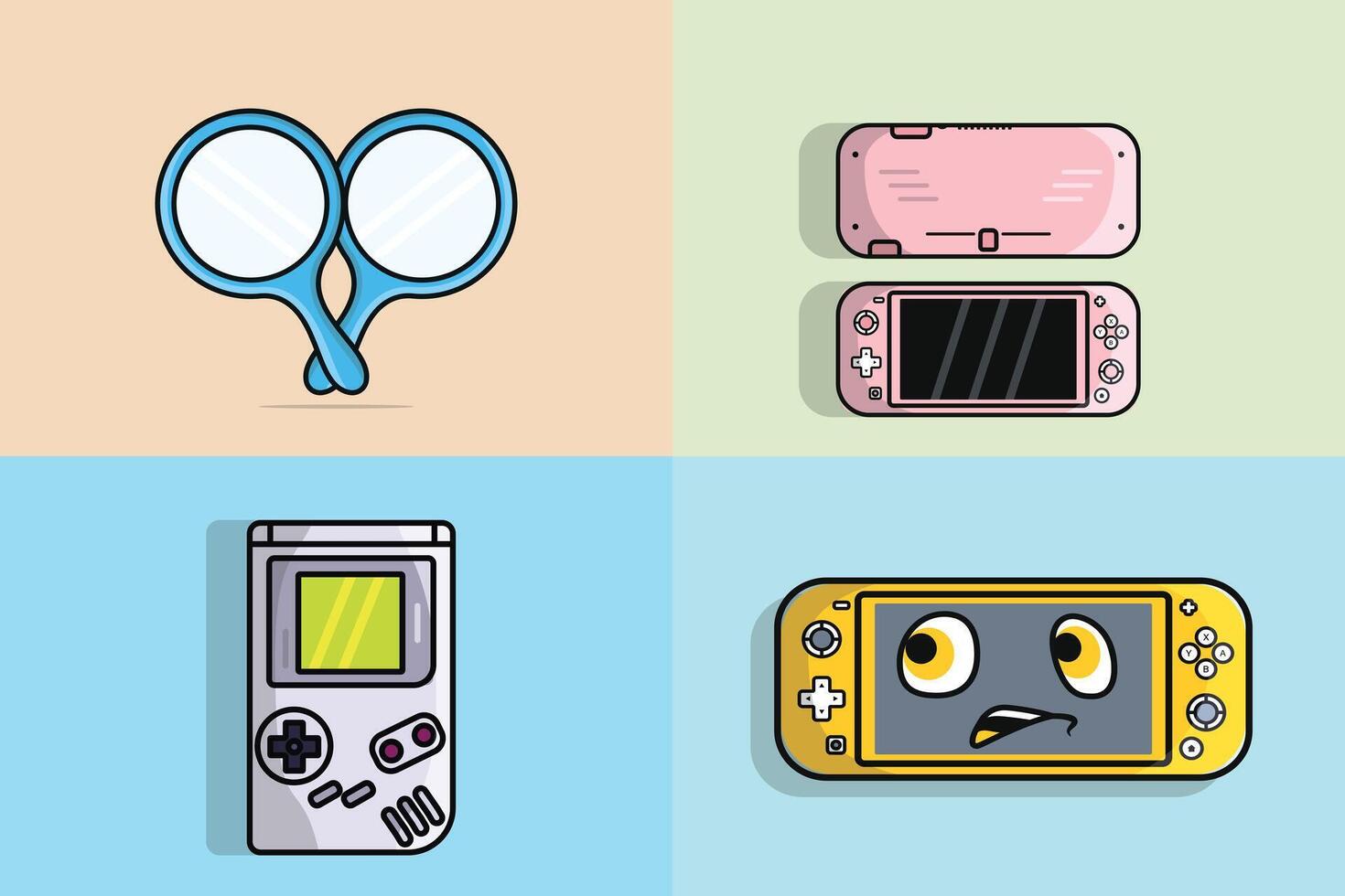 Set of cute and gaming console Device illustrations. Gaming Mascot and technology gaming objects icon concept. Game controller or game console design. Gaming mascot logo. vector