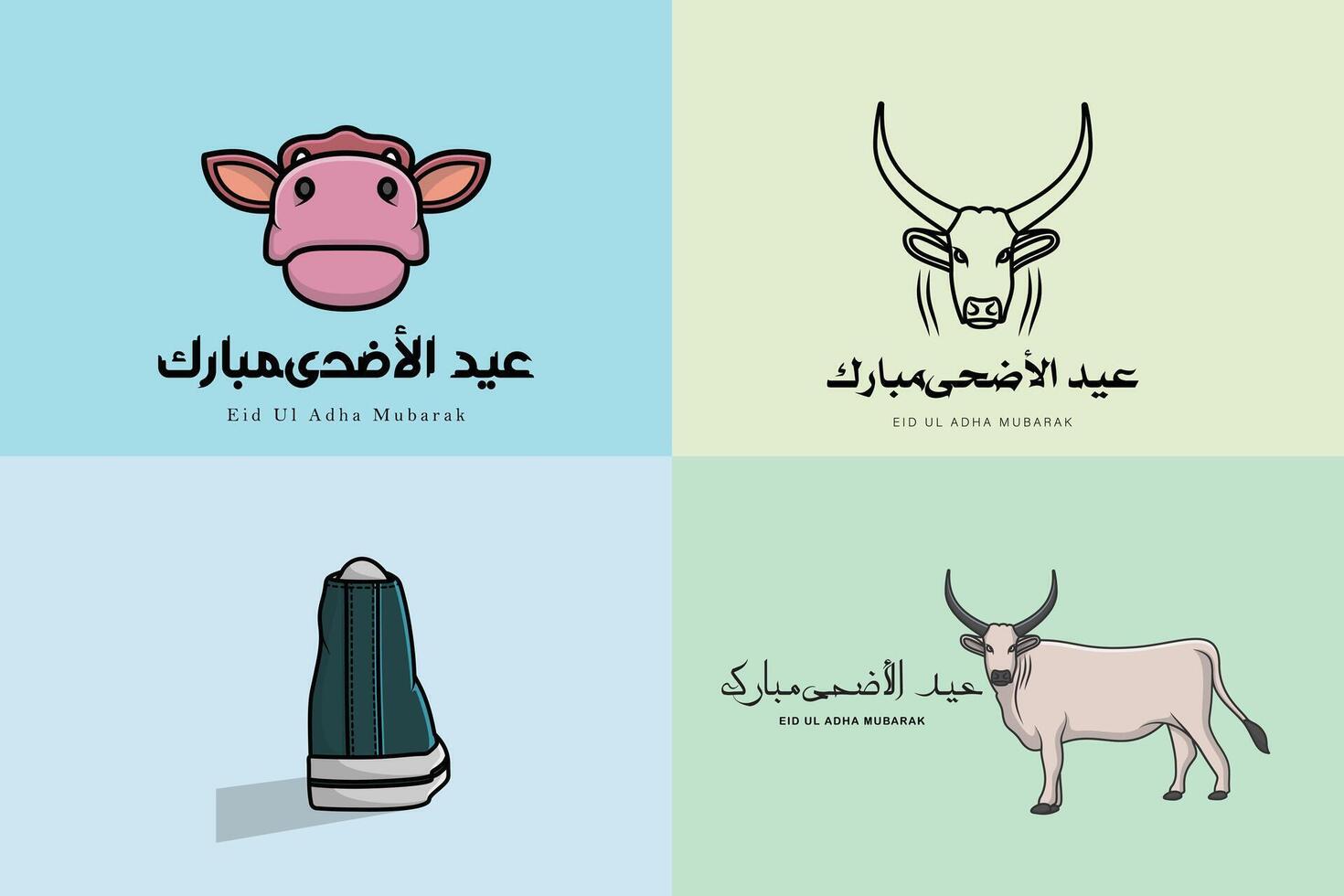 Collection of Eid Mubarak Islamic background with cow and Shoe illustration. vector