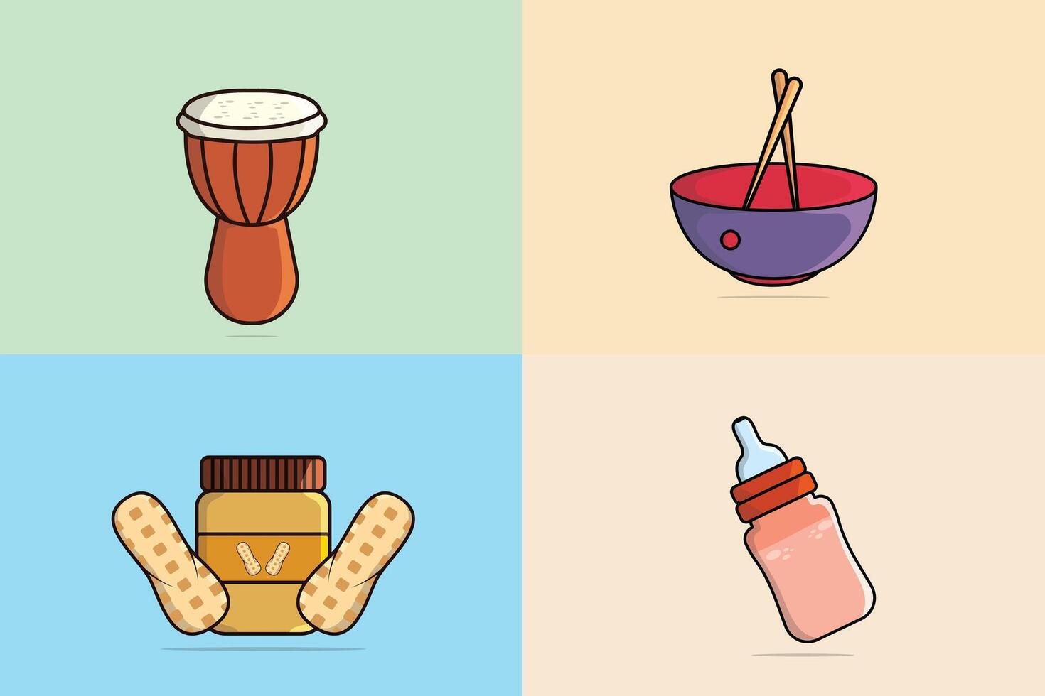 Set of peanut butter with Bowl, Baby bottle, and snare illustration. vector