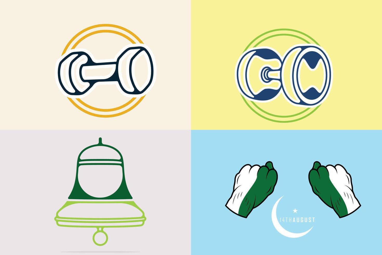 collection of dumbbells, bells, and hand designs. vector